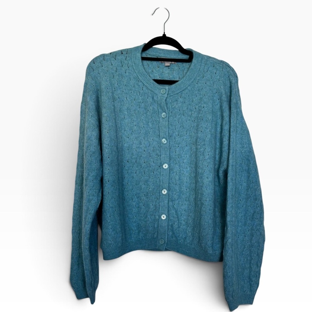 J.Crew Blue Pointelle Merino Alpaca Blend Button Front Cardigan Lg Grandmacore
